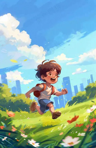 遨游大自然草坪的孩子快乐儿童节卡通插画背景