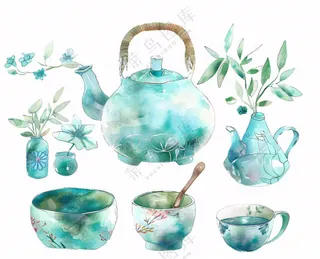 水彩茶壶茶杯插画免抠