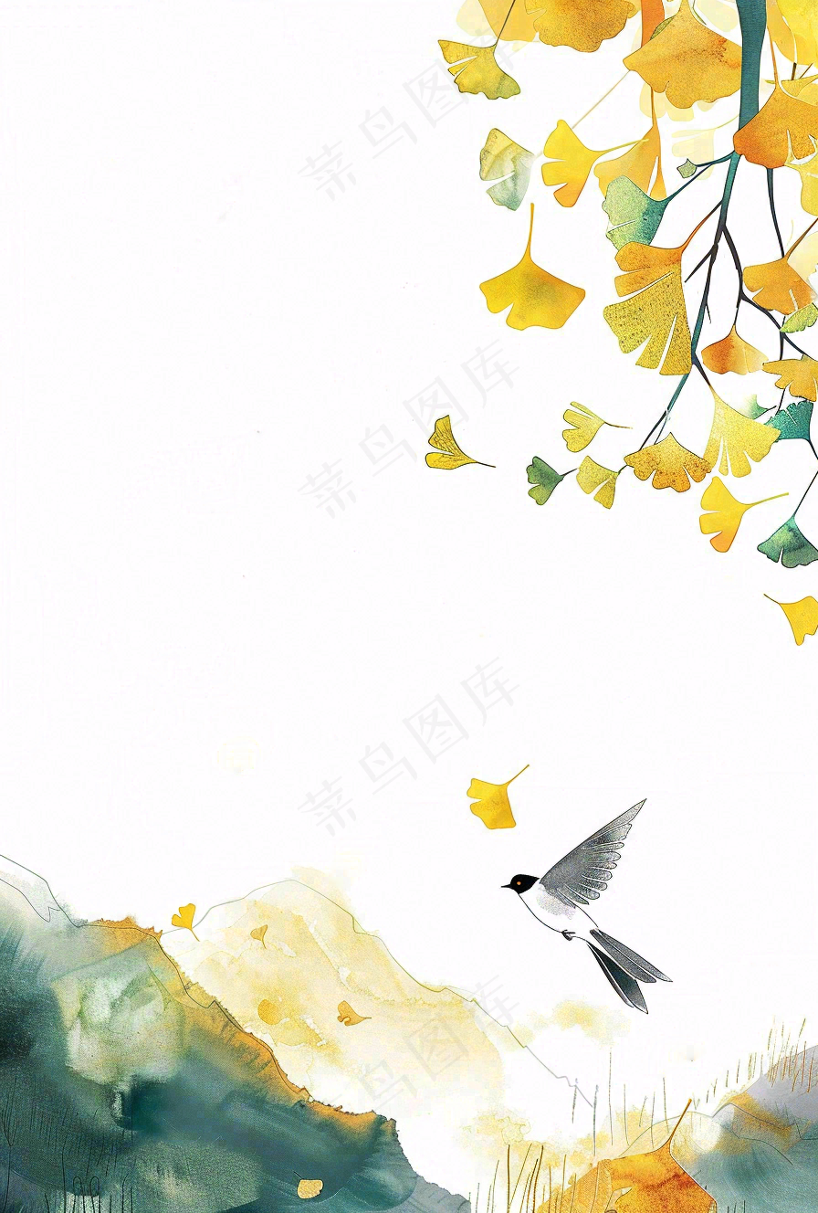 秋天银杏叶鸟儿中国风水彩国画立秋白露秋分插画背景