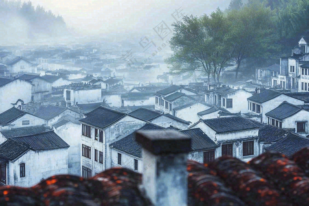 江南风景屋檐瓦舍雾村庄山林摄影图