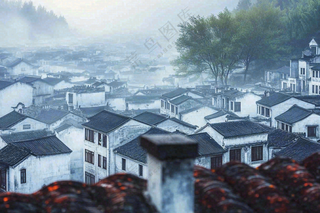 江南风景屋檐瓦舍雾村庄山林摄影图