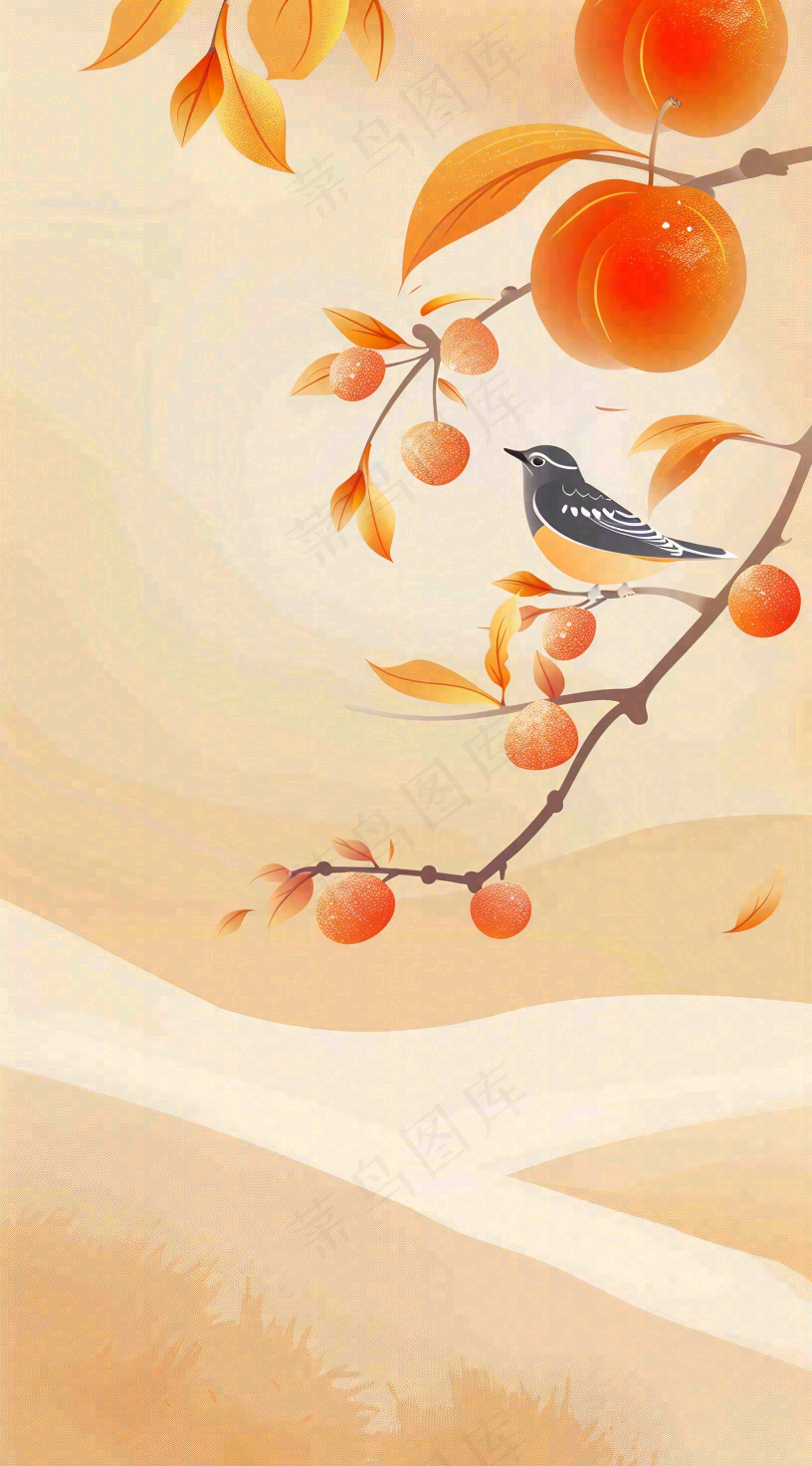秋冬柿子树上的小鸟黄色插画霜降背景