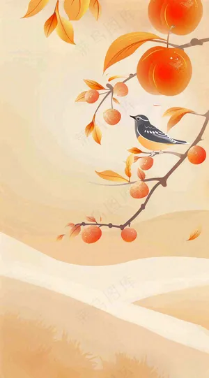 秋冬柿子树上的小鸟黄色插画霜降背景