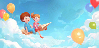 白云蓝天坐着纸飞机的儿童天空儿童节卡通插画背景