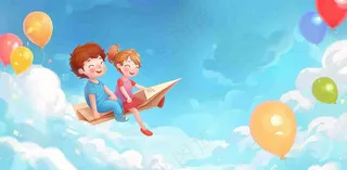 白云蓝天坐着纸飞机的儿童天空儿童节卡通插画背景