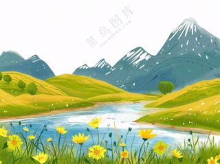 自然风景高原苔原湖泊新疆卡通插画免抠