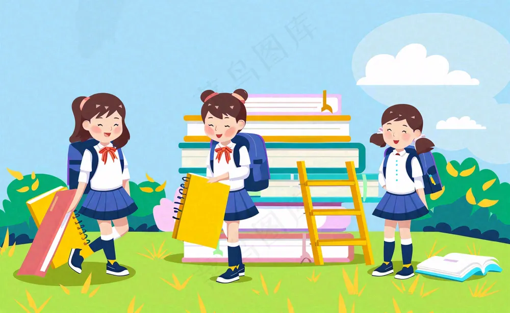 学生们在书本知识里学习阅读遨游阶梯世界读书日卡通插画背景