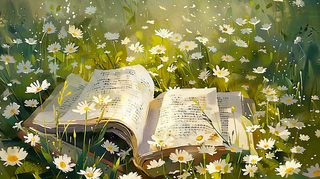 春天草丛花丛里的书本阅读插画世界读书日背景