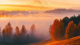 秋天风景夕阳日出云雾森林摄影图