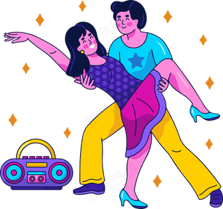  男生抱着女生跳舞 美式多巴胺色彩插画 免抠透明底