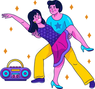  男生抱着女生跳舞 美式多巴胺色彩插画 免抠透明底