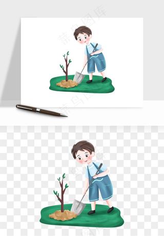 手绘植树节挖土人物png免抠
