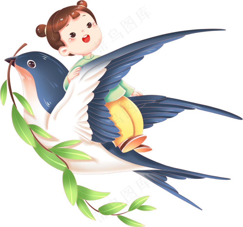 燕子女孩手绘插画柳枝PSD素材