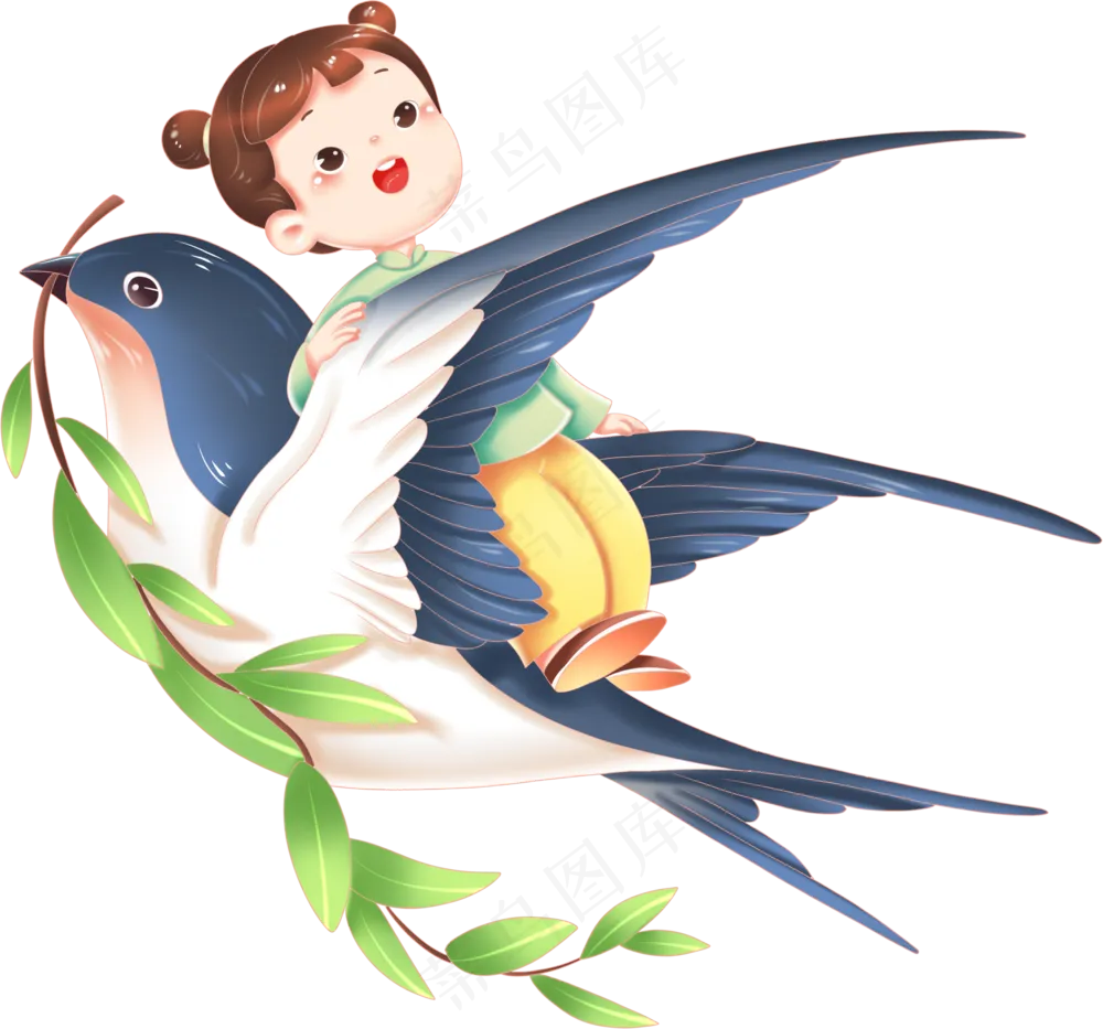 燕子女孩手绘插画柳枝PSD素材