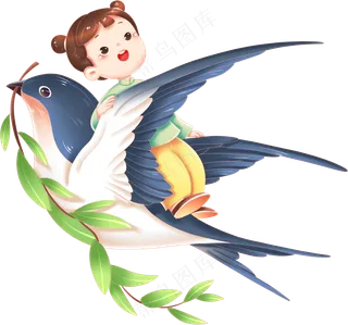 燕子女孩手绘插画柳枝PSD素材