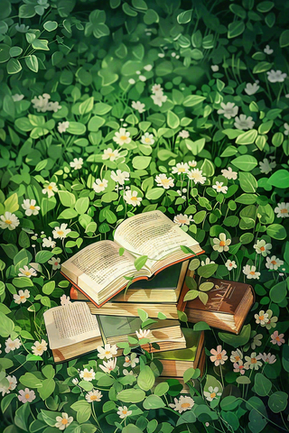 春天草丛花丛里的书本阅读插画世界读书日背景