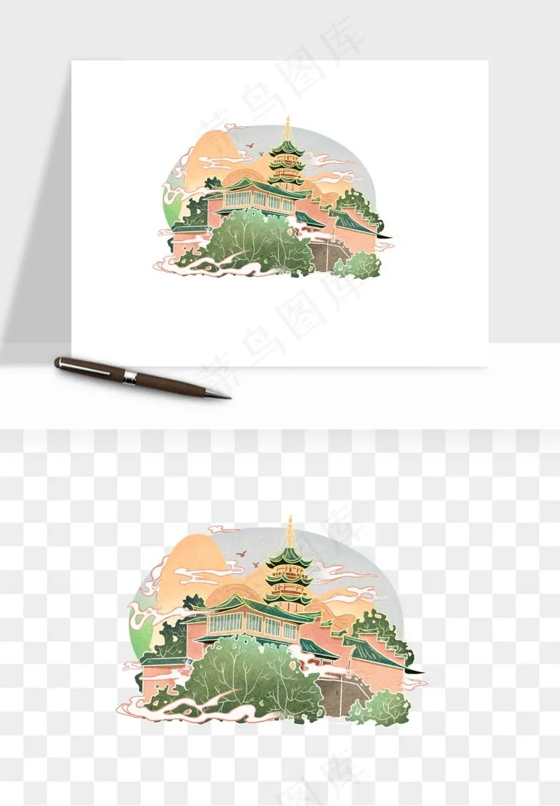 国潮城市地标山水建筑png免抠