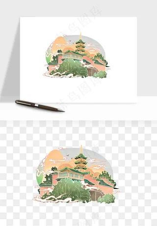 国潮城市地标山水建筑png免抠