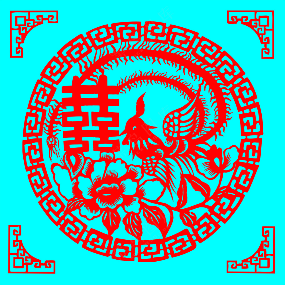 红色喜庆 凤穿牡丹双喜剪纸