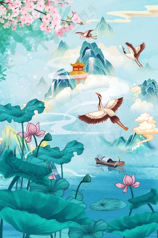 国潮山水爱莲说中国花鸟画海报