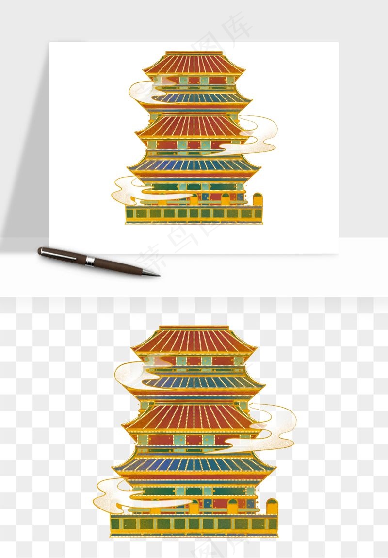 国潮风古建筑古楼古塔鼓楼psd,png免抠图