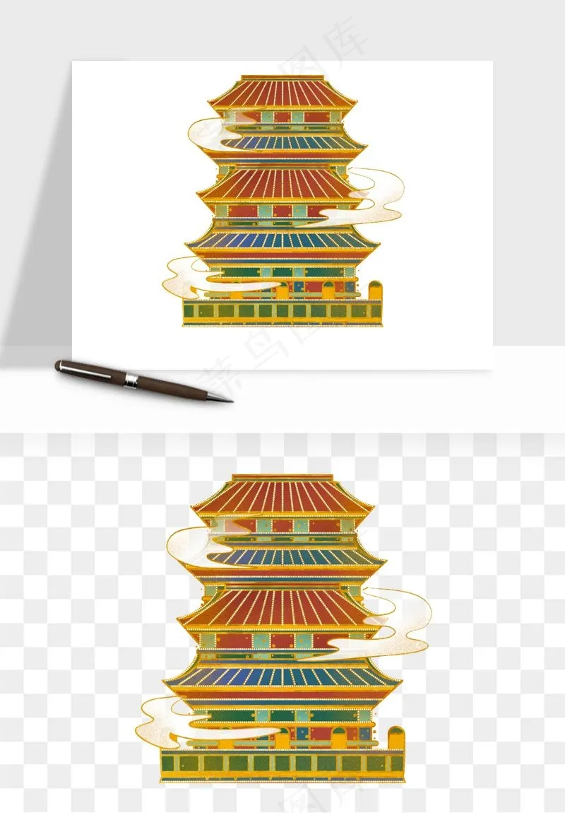 国潮风古建筑古楼古塔鼓楼psd,png免抠图