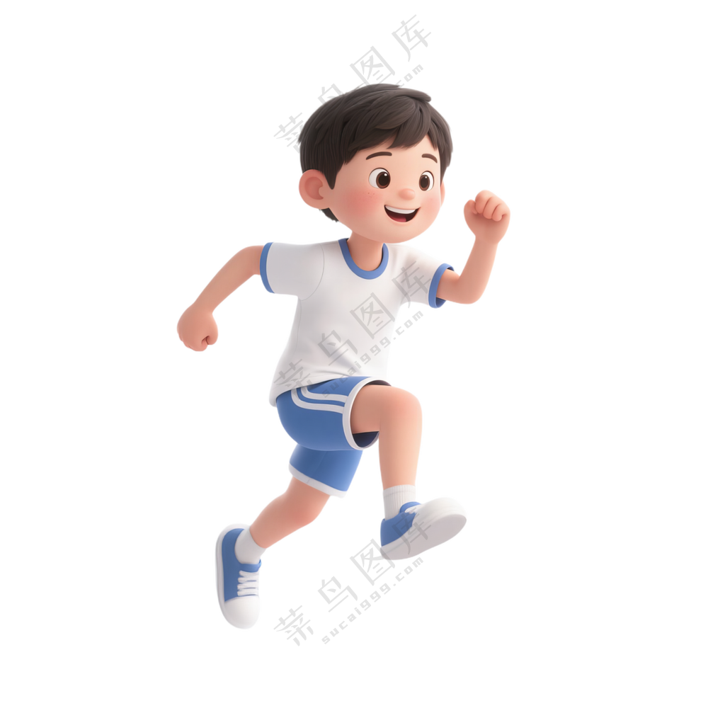 蓝+白色纯净3D风格跑步的男孩2免抠PNG素材