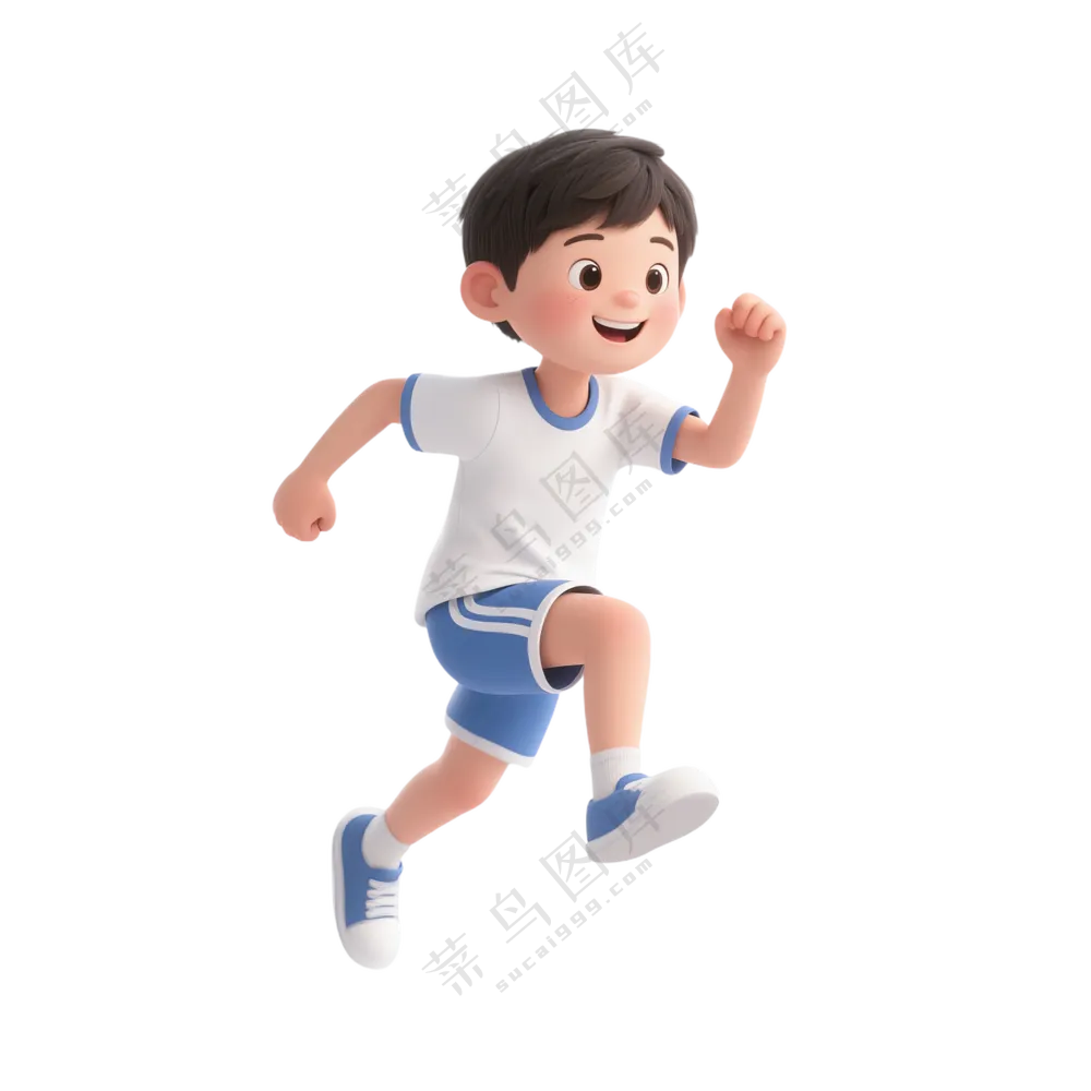 蓝+白色纯净3D风格跑步的男孩2免抠PNG素材