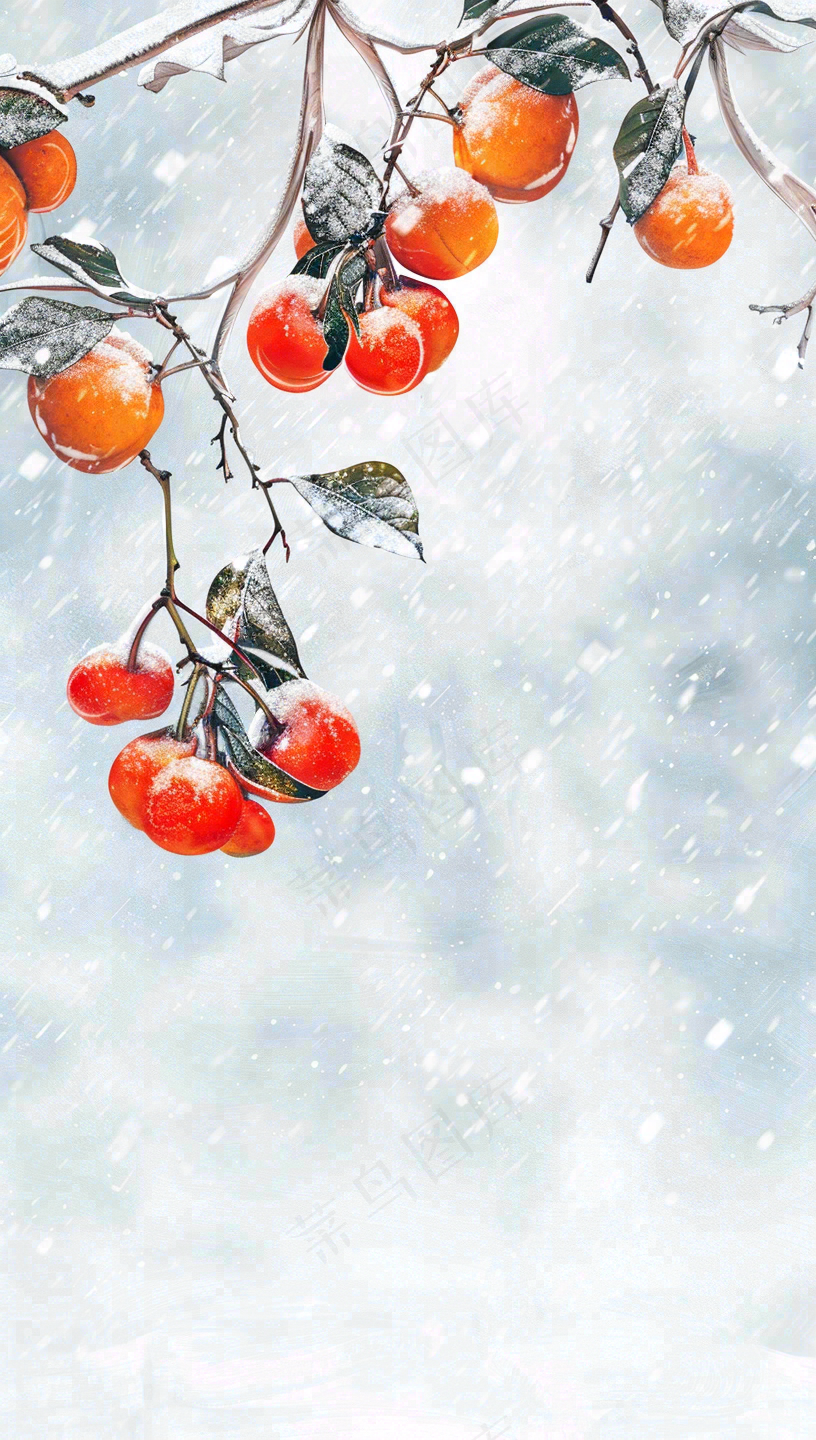 冬天风雪里的柿子树霜降插画背景