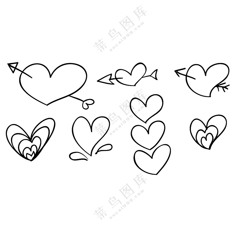 几种手绘不同样式心形元素免抠图片
