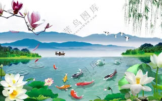 荷塘锦鲤风景画