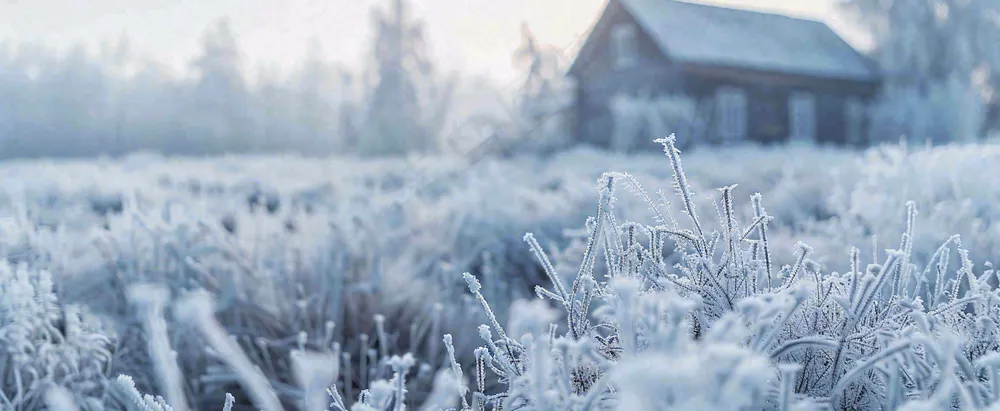 冬天植物森林里的木屋白雪覆盖小寒小雪摄影图