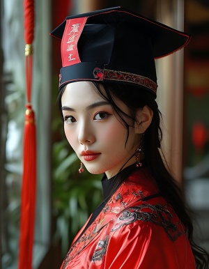 状元女_红色汉服_黑色状元帽子_高清