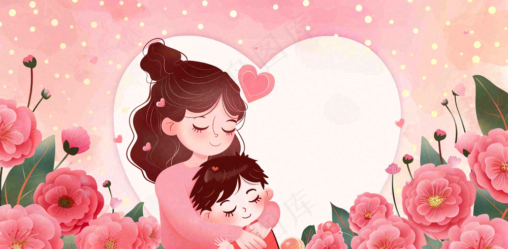 母亲节妈妈亲情抱着孩子鲜花光辉插画背景
