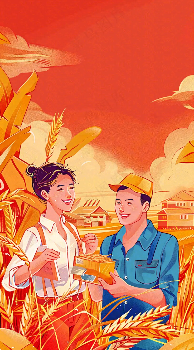 红色插画土地收成粮食农民辛勤劳作劳动节卡通插画背景