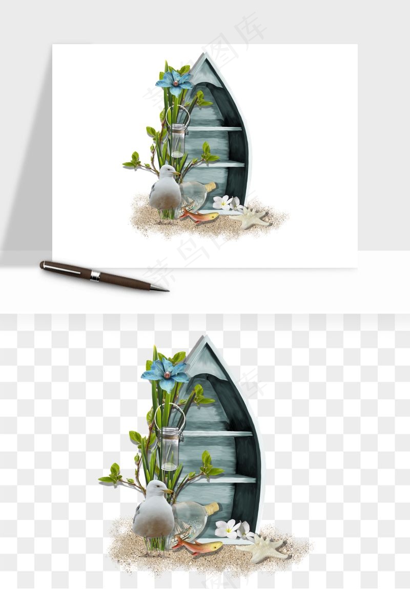 手绘木船小船png免抠