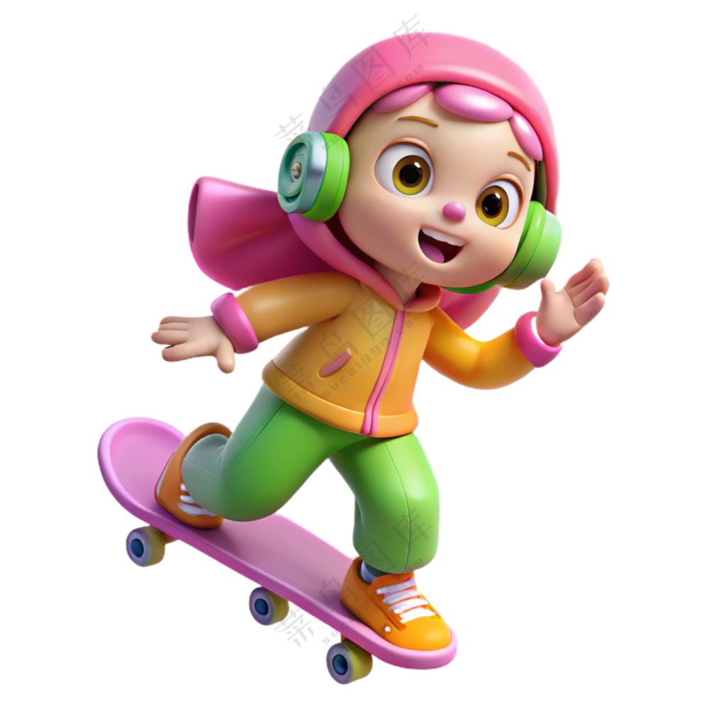 立体3D人物玩滑板女孩 免扣素材 PNG 透明背景