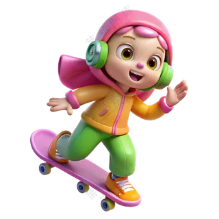 立体3D人物玩滑板女孩 免扣素材 PNG 透明背景