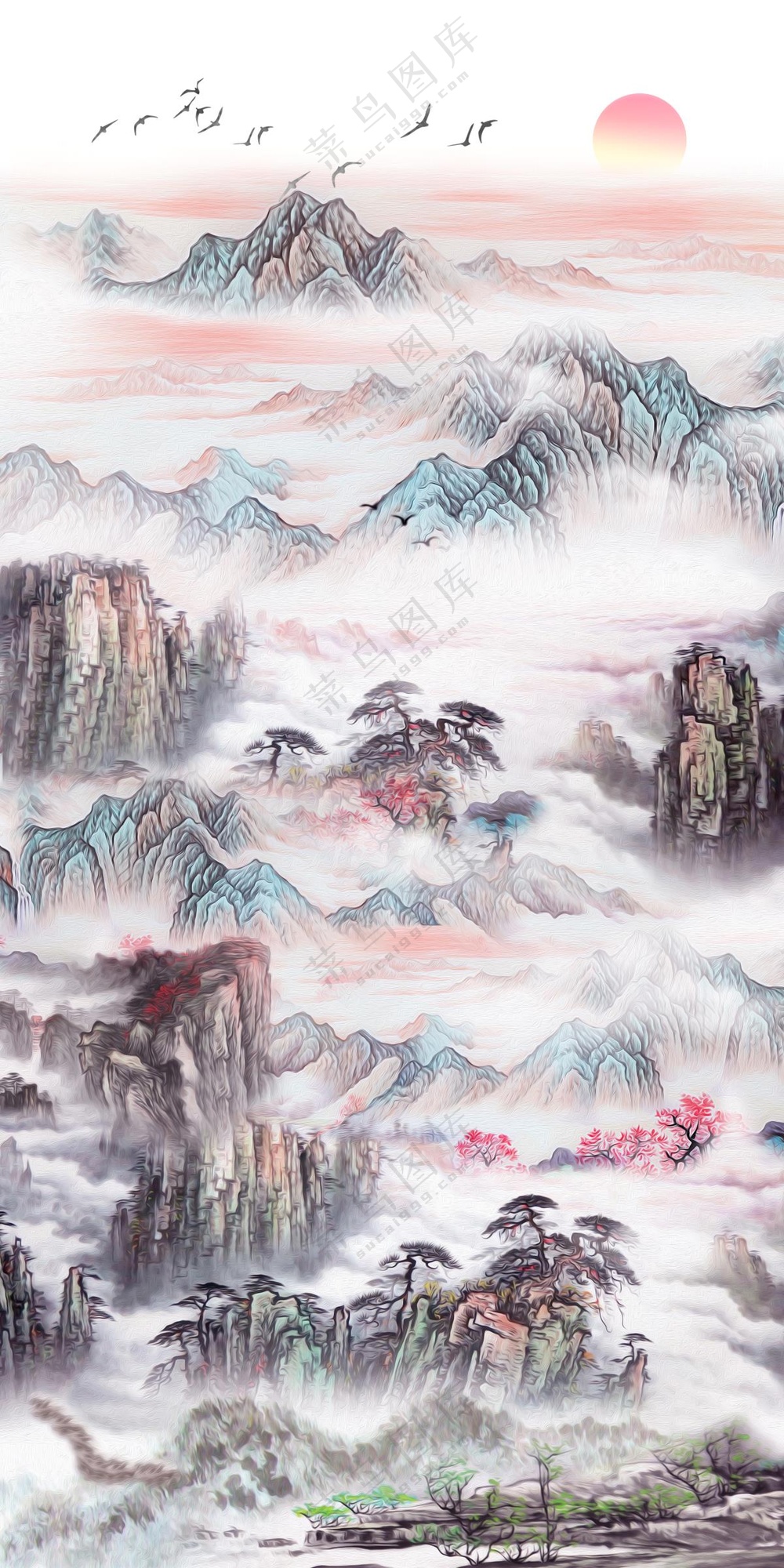 山水画水墨画日出图片