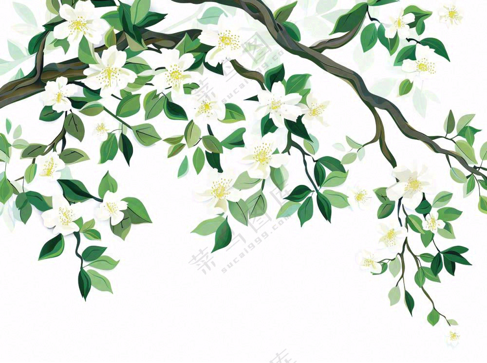 树上的白花春天植物绿叶插画免抠