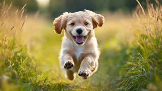 草丛里飞奔的金毛小狗宠物动物摄影图