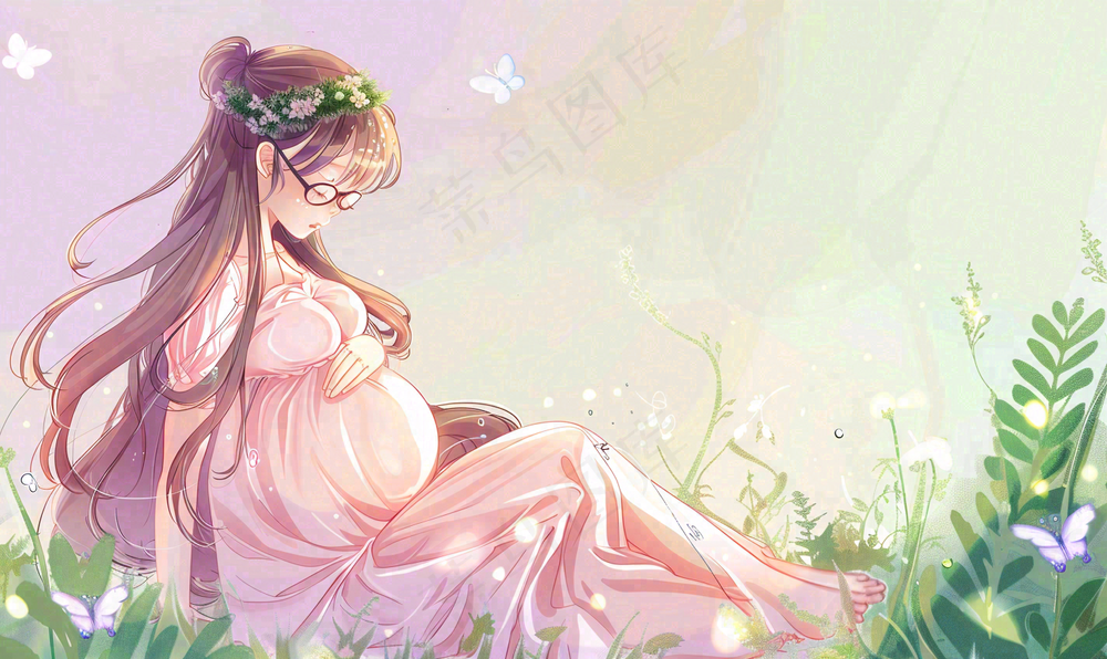 草丛鲜花里的孕妈妈唯美场景母爱母亲节粉色插画背景
