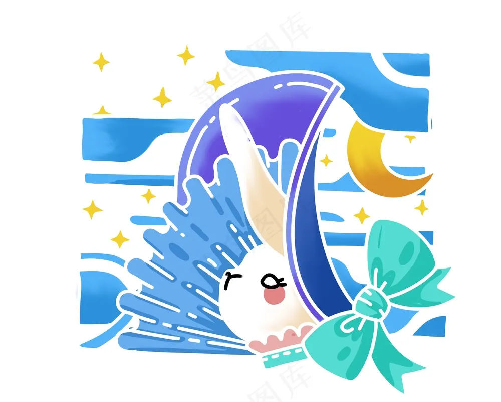 蓝色新国风兔子元素插画