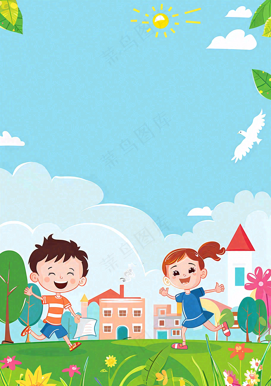 开学季学生们校园生活快乐儿童节卡通插画背景