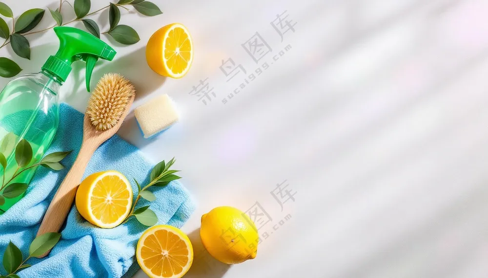 黄色柠檬和清洁用品背景图片