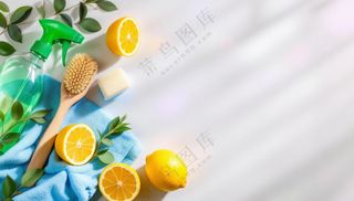 黄色柠檬和清洁用品背景图片