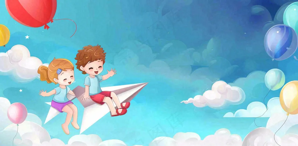 白云蓝天坐着纸飞机的儿童天空儿童节卡通插画背景