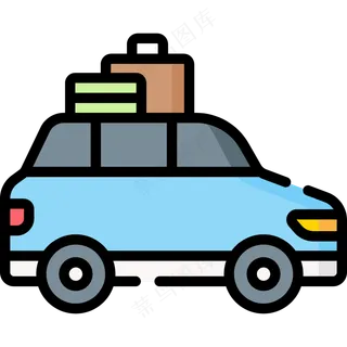 自驾去旅行 蓝色小汽车 线性彩色图标