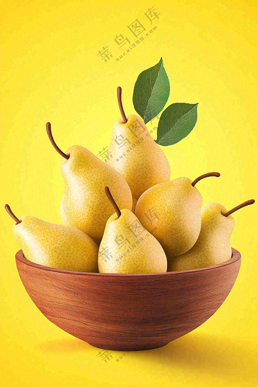 新鲜水果梨子木碗黄色背景摄影图