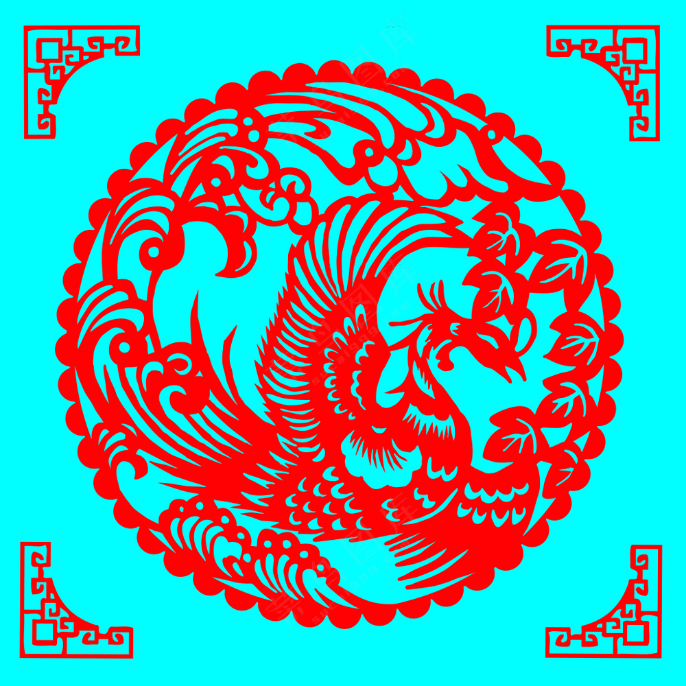 圆形传统图案凤凰剪纸